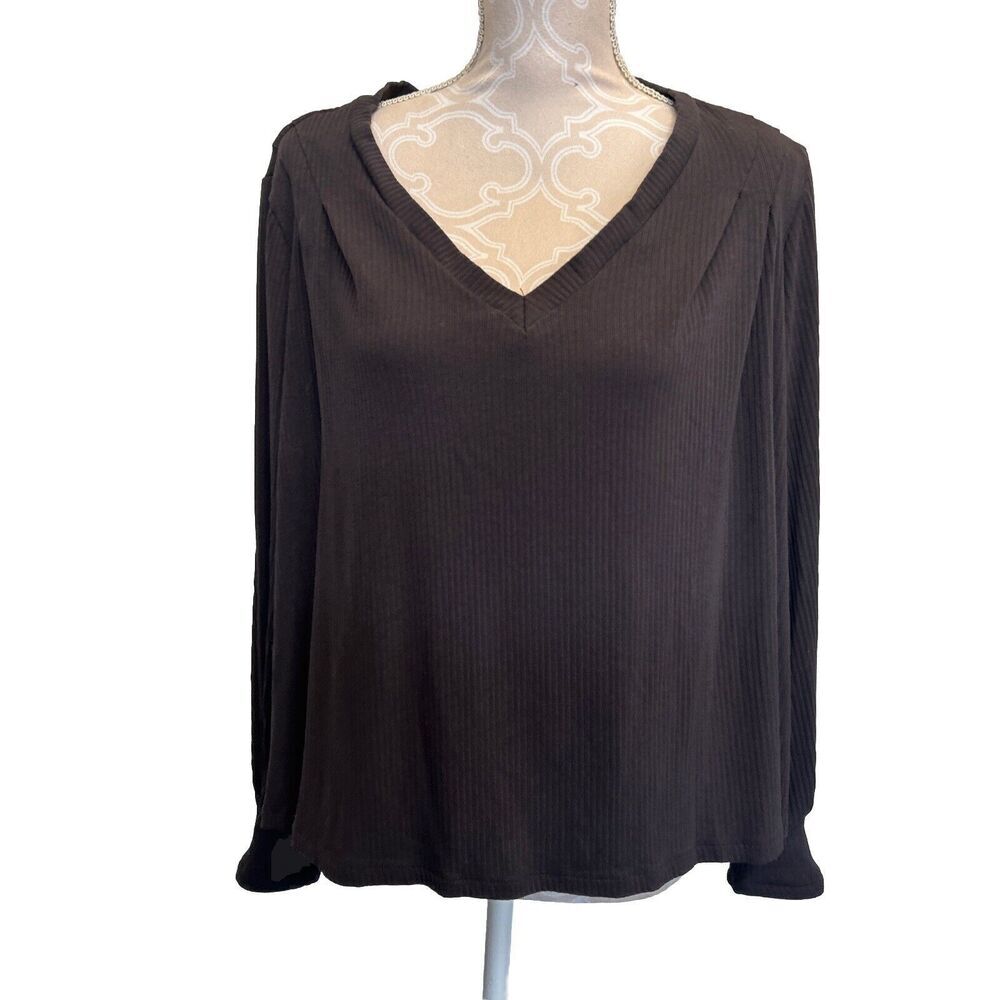 Ruti  V Neck Ribbed Long Sleeve Shirt Blouse Pleated Size 1 Medium Sz 8 Gray